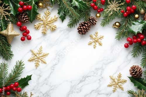 Flat lay of a Christmas tree with decorations against a snowy background