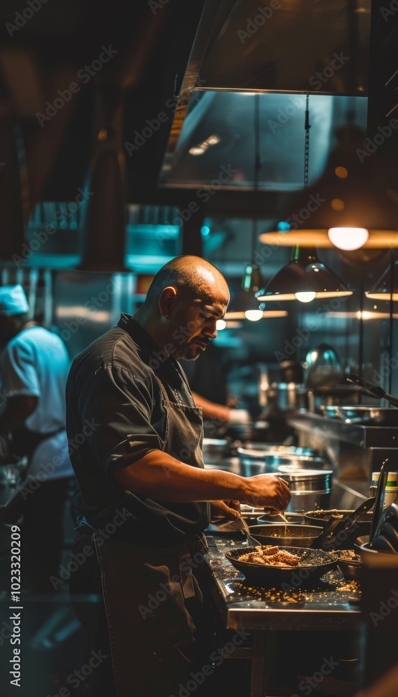 Contemporary kitchen scene featuring a chef skillfully preparing fresh ingredients with style Contemporary kitchen scene featuring a chef skillfully preparing fresh ingredients with style
