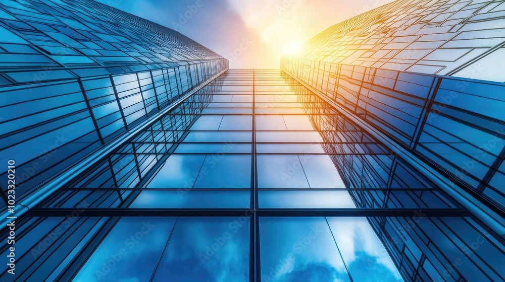 Obraz premium Modern office building with sleek metal and glass panels under a bright sky. Room for your content