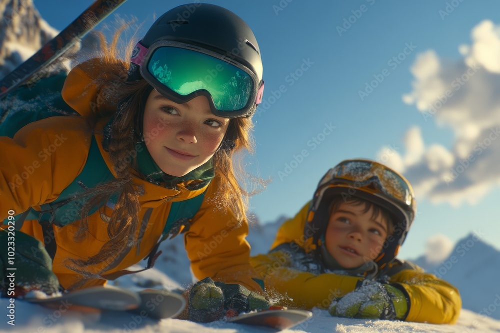 The family is enjoying a ski holiday with the children, the weather is sunny and beautiful The family is enjoying a ski holiday with the children, the weather is sunny and beautiful