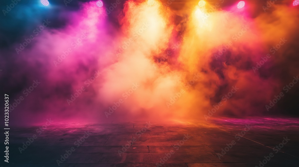 Fototapeta premium Dimly lit theater stage, colorful beams of light shining through thick smoke