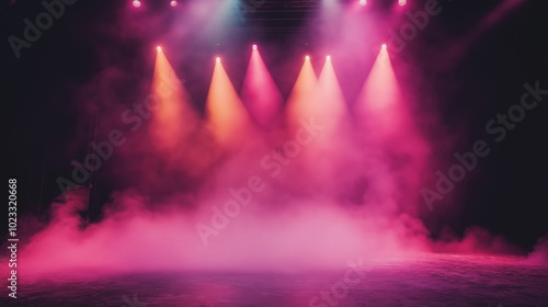 Dimly lit theater stage, colorful beams of light shining through thick smoke photo