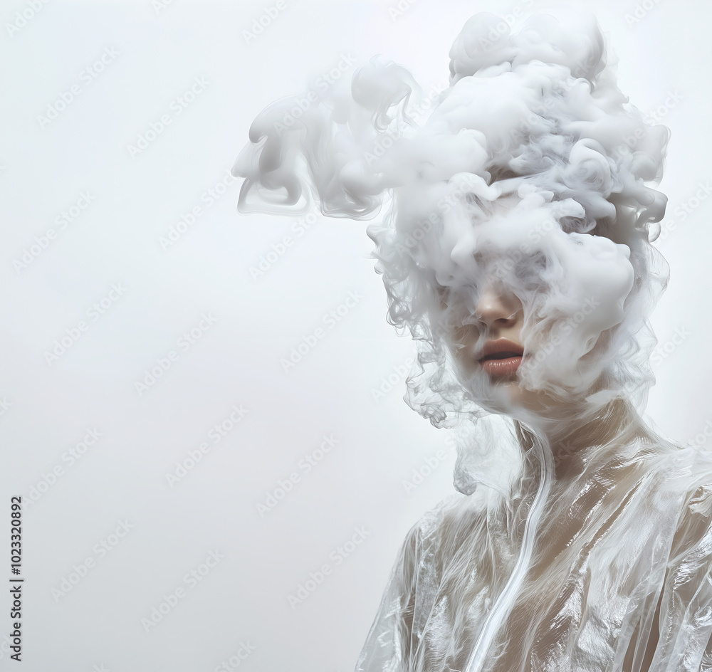 Fashion surreal Concept. Closeup portrait of woman girl wearing plastic dissolve in white swirling smoke clouds fog. illuminated with dynamic composition and dramatic lighting. copy text space Fashion surreal Concept. Closeup portrait of woman girl wearing plastic dissolve in white swirling smoke clouds fog. illuminated with dynamic composition and dramatic lighting. copy text space