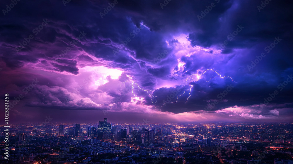 Lightning in the sky over a night city with clouds during a thunderstorm Lightning in the sky over a night city with clouds during a thunderstorm
