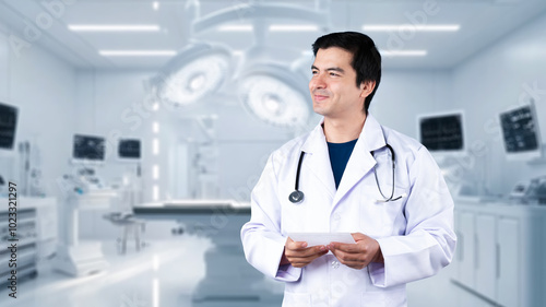 Energetic doctor holding document while standing at operation room. Asian healthcare worker wearing lab coat and stethoscope while working at hospital and posing at camera. Healthcare. Ingenuity.