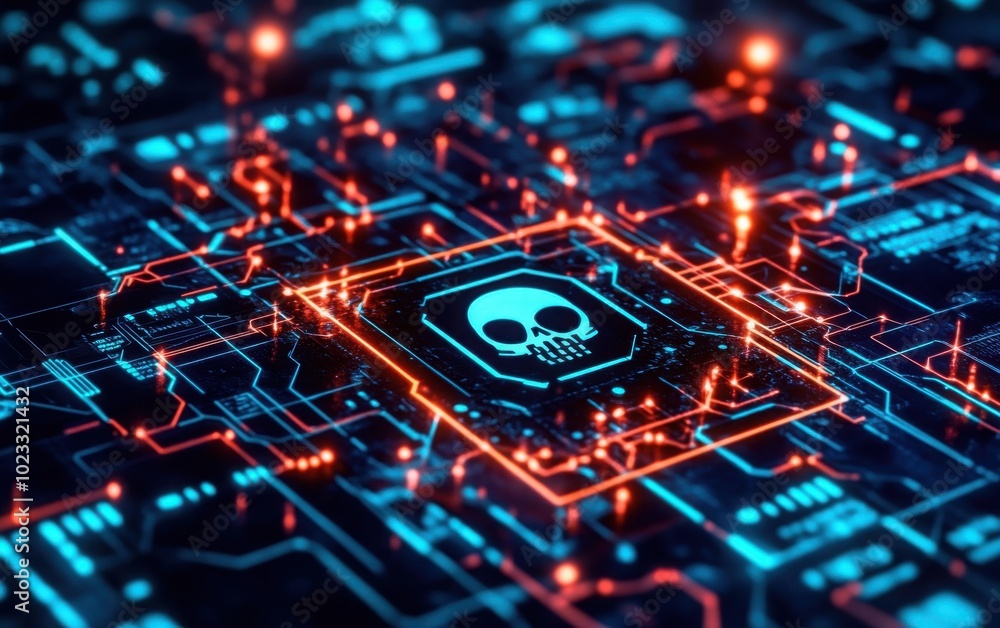 Fototapeta premium Cyber crime scene with a hacker attack, futuristic interface showing breached security systems, data protection warning, internet safety concept 