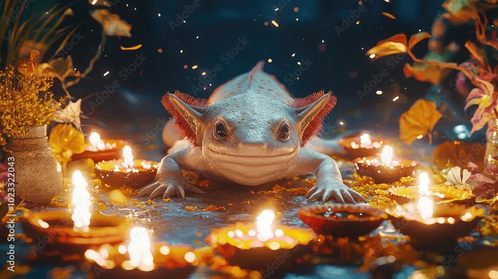 A whimsical amphibian amidst flickering lights and vibrant flowers, creating a magical and serene atmosphere. A whimsical amphibian amidst flickering lights and vibrant flowers, creating a magical and serene atmosphere.