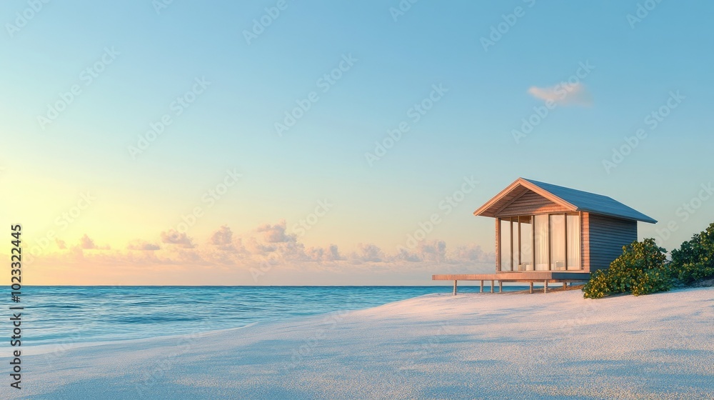 Scenic beachside cabana with ocean views and room for text in the clear sky Scenic beachside cabana with ocean views and room for text in the clear sky