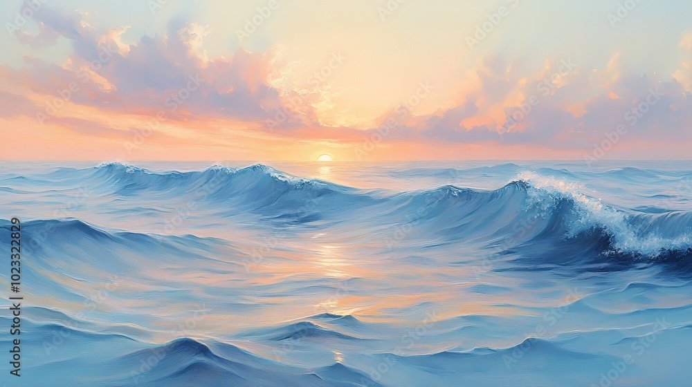 Serene ocean scene at sunrise, with gentle waves and soft pastel colors. The focus is on the water's surface reflecting the sky, creating an abstract pattern of light blue hues Serene ocean scene at sunrise, with gentle waves and soft pastel colors. The focus is on the water's surface reflecting the sky, creating an abstract pattern of light blue hues