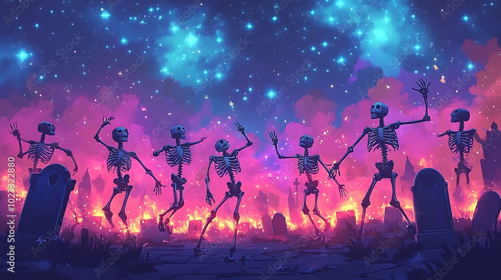 A whimsical cartoon-style illustration of dancing skeletons in a misty graveyard. The sky is full of bright stars, and tombstones are scattered around. The skeletons are in cheerful dance poses, A whimsical cartoon-style illustration of dancing skeletons in a misty graveyard. The sky is full of bright stars, and tombstones are scattered around. The skeletons are in cheerful dance poses,