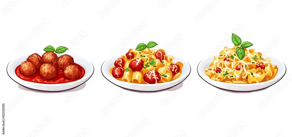 three set of A classic Italian dish with pasta meatball isolated transparent background three set of A classic Italian dish with pasta meatball isolated transparent background