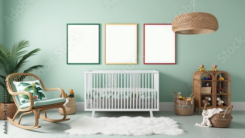 Cozy tropical nursery interior design with poster frame