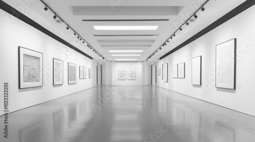 Empty Modern Art Gallery with Symmetrical Hallway and Framed Artwork on White Walls