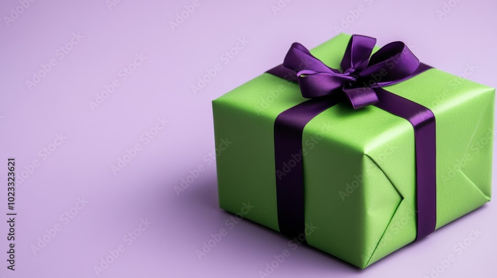 Bright lime green Christmas gifts tied with deep purple ribbons on a light lavender background whimsical holiday décor concept Bright lime green Christmas gifts tied with deep purple ribbons on a light lavender background whimsical holiday décor concept