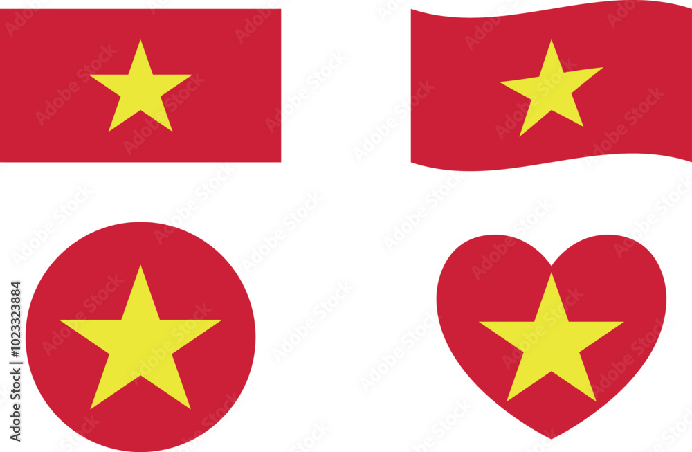 Vietnam flags set. Circle icon. waving flag. heart shape icon. Various designs Vietnam flags set. Circle icon. waving flag. heart shape icon. Various designs