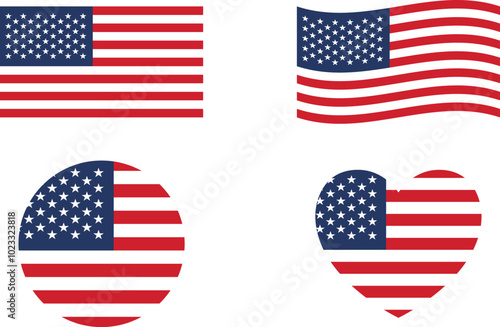 American flags set. Circle icon. waving flag. heart shape icon. Various designs