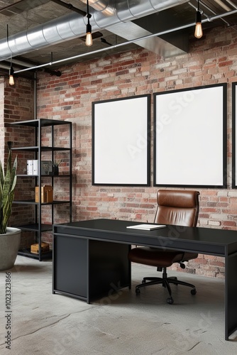 Industrial office interior design with poster frame