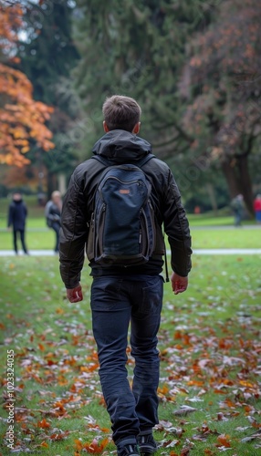 A young student strolling through a lively campus surrounded by colorful scenery