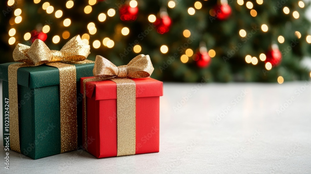Christmas gift boxes wrapped in red and green paper with golden bows, arranged under a twinkling Christmas tree, with glowing lights in the background Christmas gift boxes wrapped in red and green paper with golden bows, arranged under a twinkling Christmas tree, with glowing lights in the background