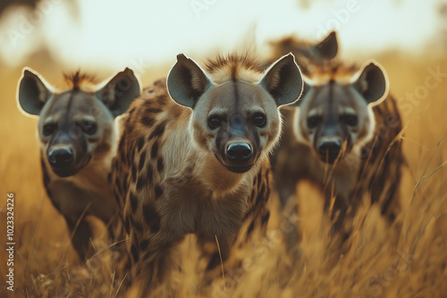 A group of dangerous spotted hyenas in a forest, Africa. Crocuta crocuta, carnivore animal, wild life.	