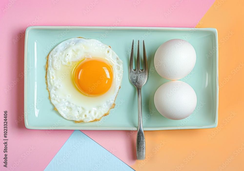 breakfast, eggs, food photography, healthy eating, yellow yolk, fried egg, culinary presentation, minimalist style, pastel colors, plate, fork breakfast, eggs, food photography, healthy eating, yellow yolk, fried egg, culinary presentation, minimalist style, pastel colors, plate, fork