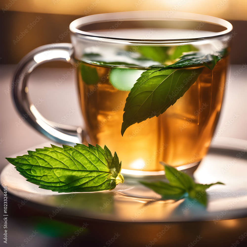A glass of hot peppermint tea, you can see the fresh green peppermint tea leaves floating on the tea surface, the tea is a clear gold color reflecting the light shining down. A glass of hot peppermint tea, you can see the fresh green peppermint tea leaves floating on the tea surface, the tea is a clear gold color reflecting the light shining down.