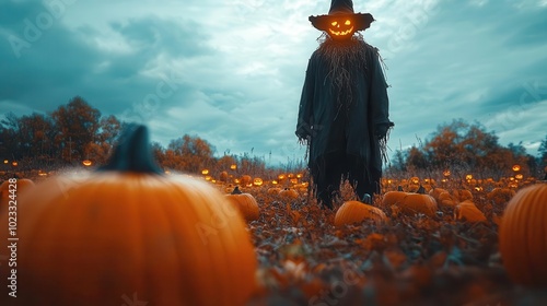 eerie scarecrow standing in a pumpkinfilled field shrouded in twilight embodying the spooky essence of halloween photo