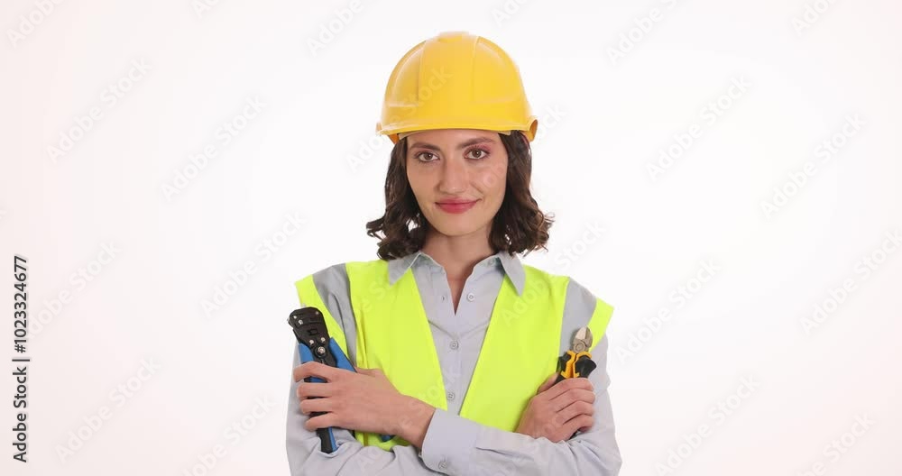 Confident woman worker holds building tools crossing arms on white. Smiling female in protective uniform and helmet reflects professionalism Confident woman worker holds building tools crossing arms on white. Smiling female in protective uniform and helmet reflects professionalism