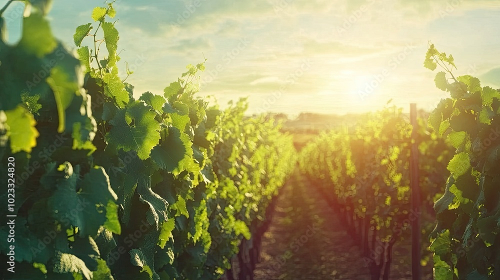 Fototapeta premium Scenic vineyard under the summer sun, with lush green vines. Space for copy in the sky