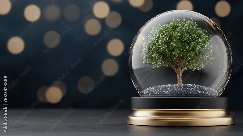 A beautiful snow globe features delicate snowflakes falling gently inside, with a small pine tree silhouette enhancing the magical winter atmosphere A beautiful snow globe features delicate snowflakes falling gently inside, with a small pine tree silhouette enhancing the magical winter atmosphere