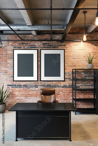 Industrial office interior design with poster frame