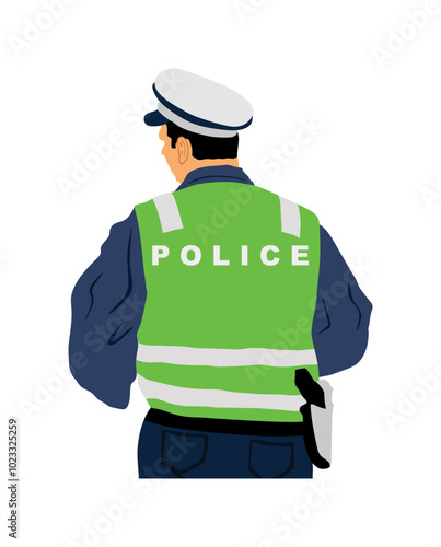 Traffic policeman officer on duty vector illustration isolated on white background. Police man in uniform. Security service member protect people. Law and order street patrol cop. Man observe crowd