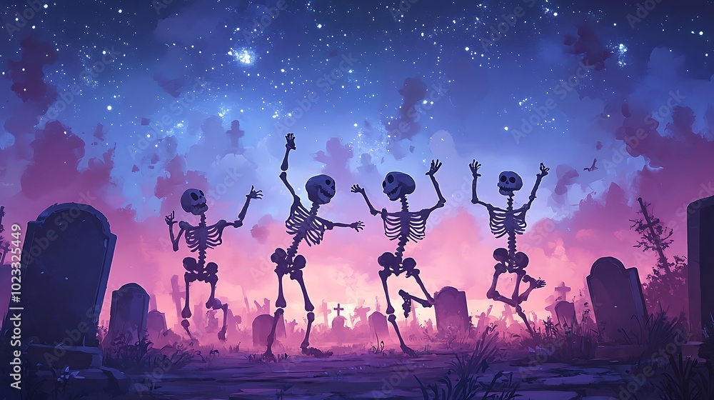 A whimsical cartoon-style illustration of skeletons dancing joyfully in a fog-covered graveyard under a star-filled sky. Tombstones of various shapes are scattered around, A whimsical cartoon-style illustration of skeletons dancing joyfully in a fog-covered graveyard under a star-filled sky. Tombstones of various shapes are scattered around,