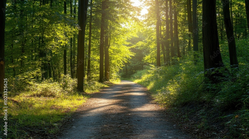 Sun-dappled trail through a peaceful summer forest. Room for text in the clear sky above