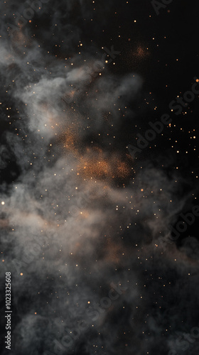 Dark smoke with shimmering golden glow bokeh sparkles, abstract phone wallpaper background