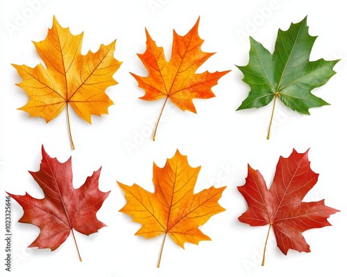 The autumn maple leaf collection is isolated on a white background.