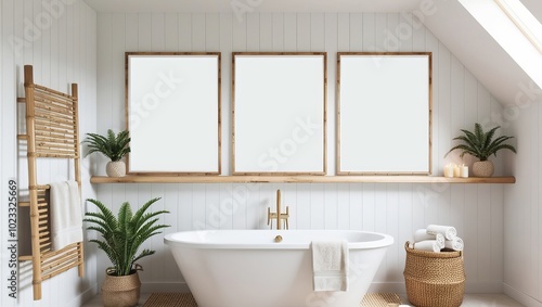 Cozy tropical bathroom interior design with poster frame