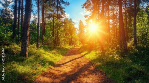 Sun-dappled trail through a peaceful summer forest. Room for text in the clear sky above