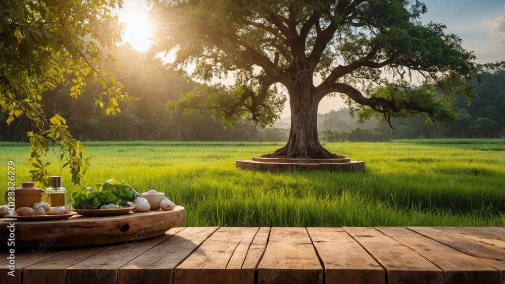 tree table wood podium in farm display for food generate ai tree table wood podium in farm display for food generate ai