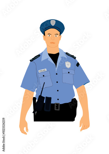 Policeman officer on duty vector illustration isolated on white background. Police man in uniform in patrol on street. Security service member protect people. Law and order. Against terrorism unit.