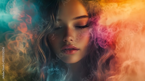 A beautiful woman with long hair, surrounded by colorful smoke and light effects, creating an abstract background