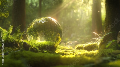 A serene forest scene featuring a reflective glass sphere.