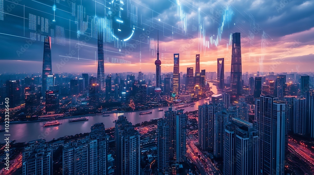 Fototapeta premium Bustling Financial District at Sunset with City Lights