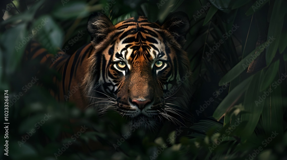 Powerful Bengal Tiger Emerging from Jungle Shadows Intense Gaze Captivating Viewers Powerful Bengal Tiger Emerging from Jungle Shadows Intense Gaze Captivating Viewers