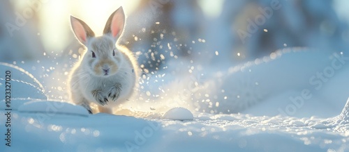 An adorable white rabbit sitting amidst the sparkling pristine snow in a serene peaceful winter landscape  The rabbit s fur appears soft and fluffy contrasting beautifully against the icy photo