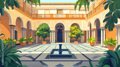 Historical courtyard in seville, andalusian architecture with classic elements, tourist attraction in spain. Moorish Palace. Illustration