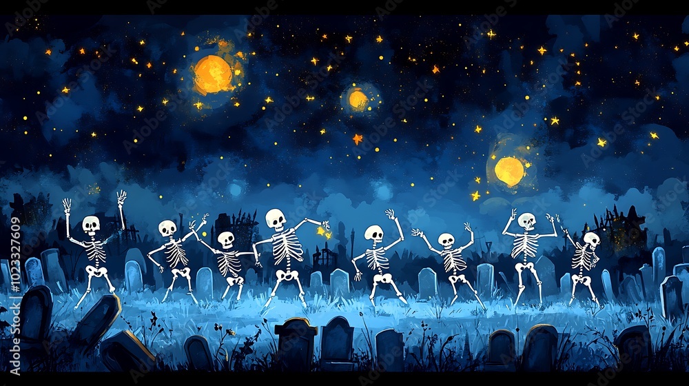 Fototapeta premium A whimsical cartoon-style illustration of skeletons dancing joyfully in a fog-covered graveyard under a star-filled sky. Tombstones of various shapes are scattered around,