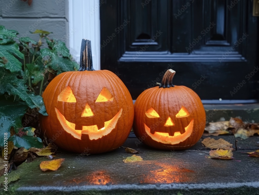 Fototapeta premium Carved pumpkins on a doorstep