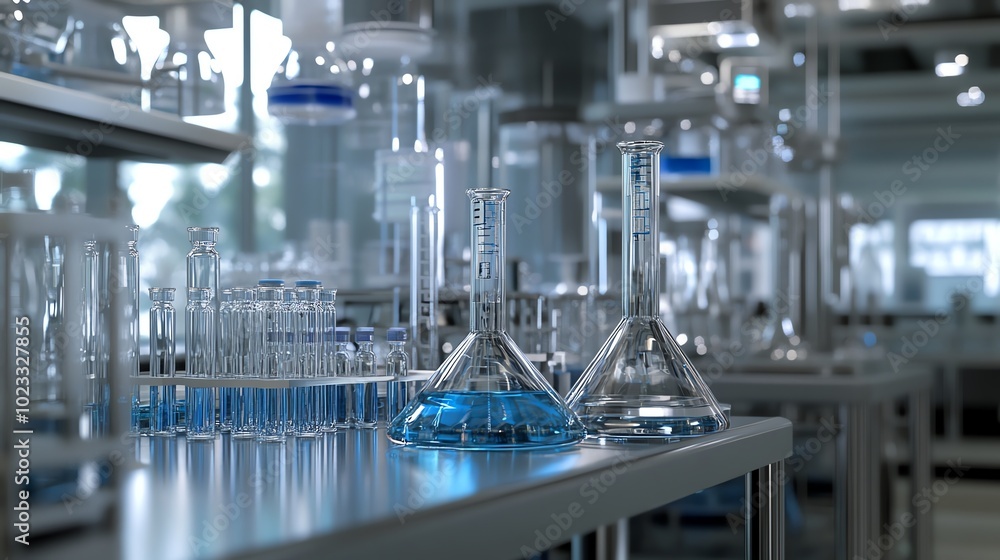 A laboratory bench with beakers, flasks, and test tubes filled with blue liquid. The lab is clean and well-lit. A laboratory bench with beakers, flasks, and test tubes filled with blue liquid. The lab is clean and well-lit.