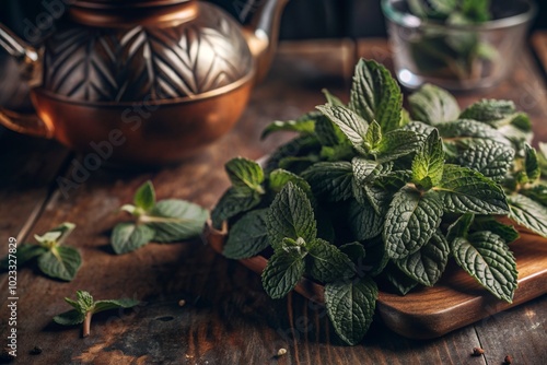 Close-up of green mint leaves. Leaves with noticeable veins and texture. Mint, lemon balm for brewing tea. Herbal tea for the nervous system.